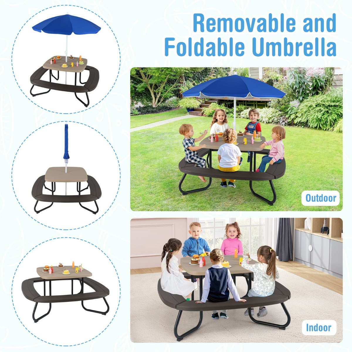 8 Person Kids Picnic Table with Adjustable & Collapsible Umbrella-Brown