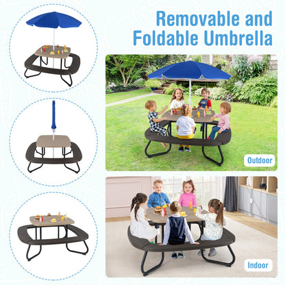 8 Person Kids Picnic Table with Adjustable & Collapsible Umbrella-Brown