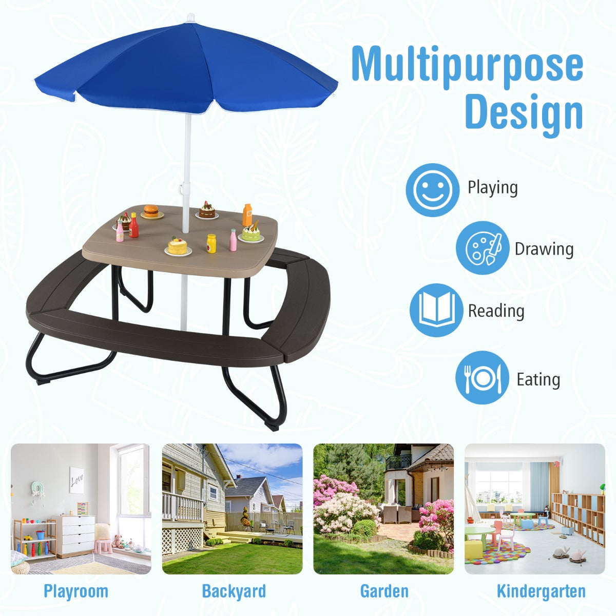 8 Person Kids Picnic Table with Adjustable & Collapsible Umbrella-Brown