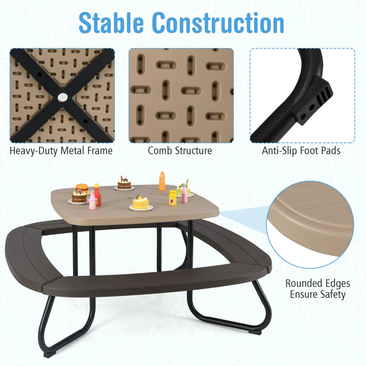 8 Person Kids Picnic Table with Adjustable & Collapsible Umbrella-Brown