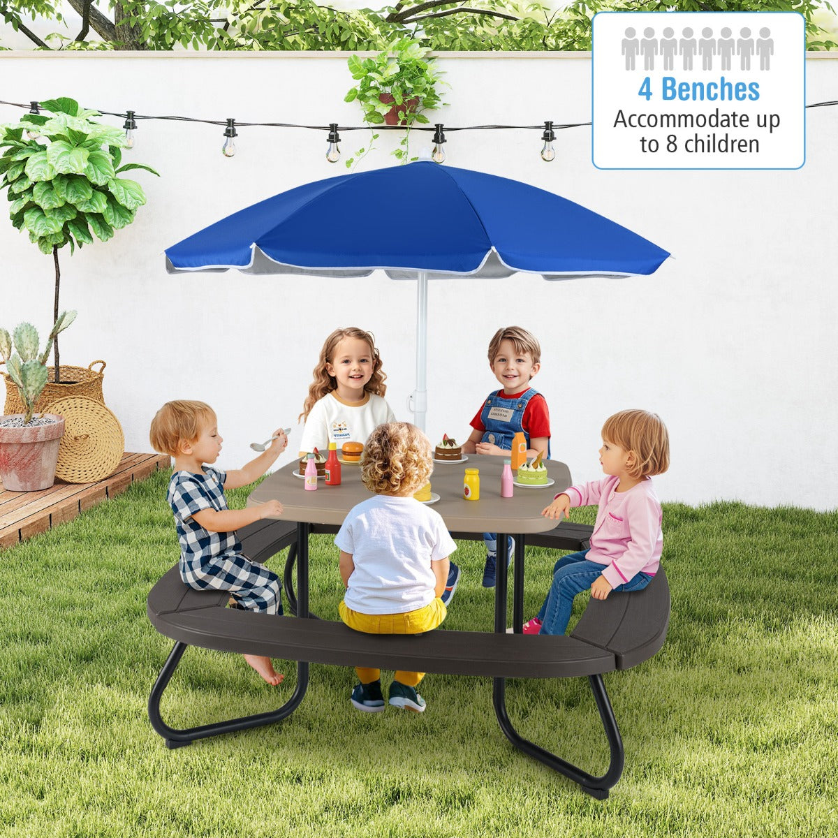 8 Person Kids Picnic Table with Adjustable & Collapsible Umbrella-Brown