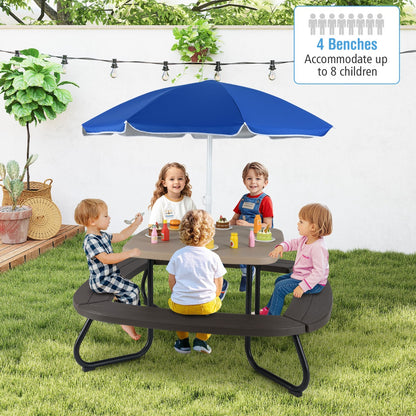 8 Person Kids Picnic Table with Adjustable & Collapsible Umbrella-Brown
