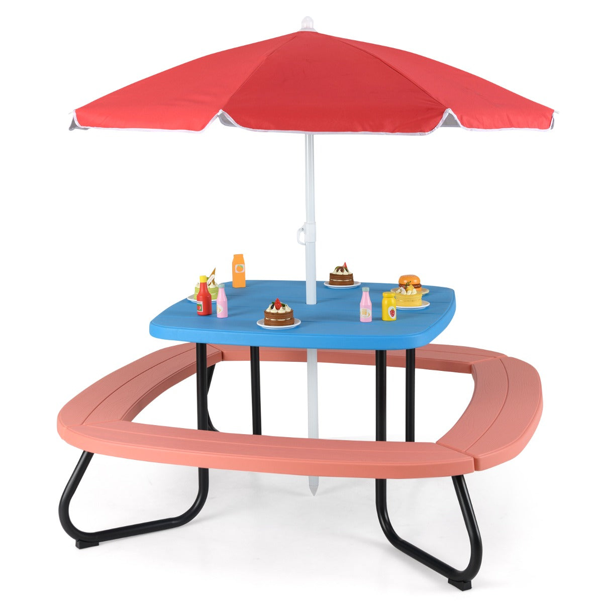 8 Person Kids Picnic Table with Adjustable  and Collapsible Umbrella-Blue