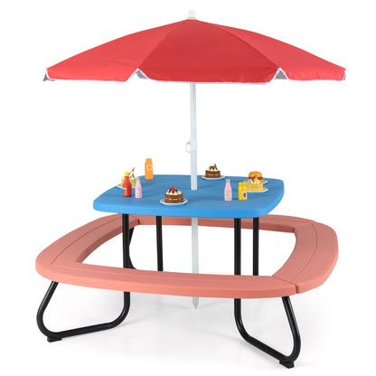 8 Person Kids Picnic Table with Adjustable  and Collapsible Umbrella-Blue
