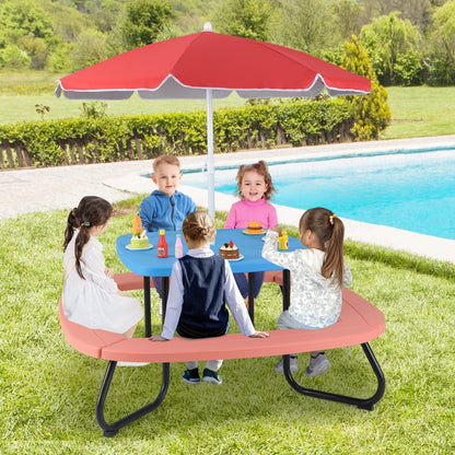 8 Person Kids Picnic Table with Adjustable  and Collapsible Umbrella-Blue