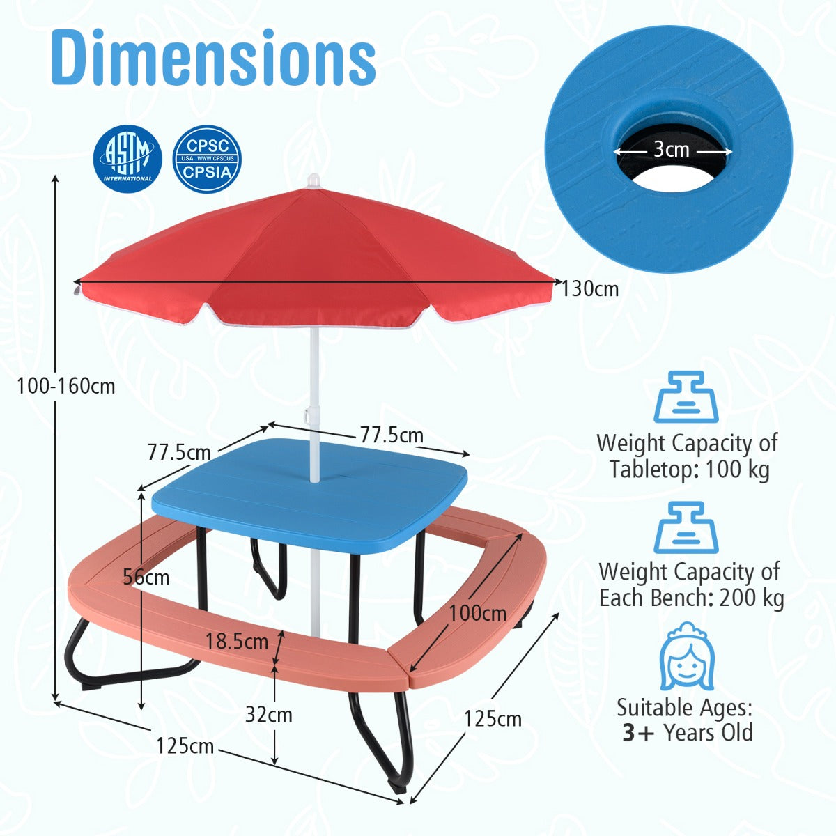 8 Person Kids Picnic Table with Adjustable  and Collapsible Umbrella-Blue