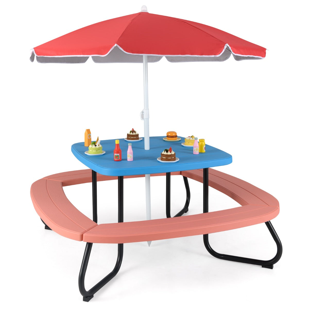 8 Person Kids Picnic Table with Adjustable  and Collapsible Umbrella-Blue