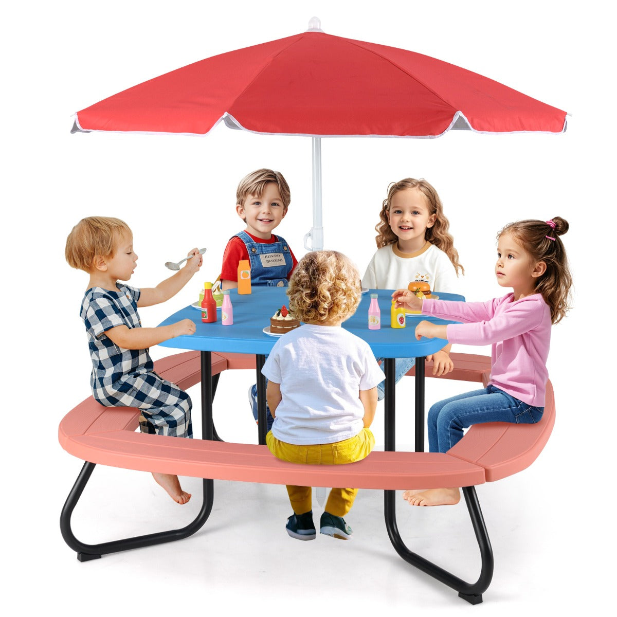 8 Person Kids Picnic Table with Adjustable  and Collapsible Umbrella-Blue