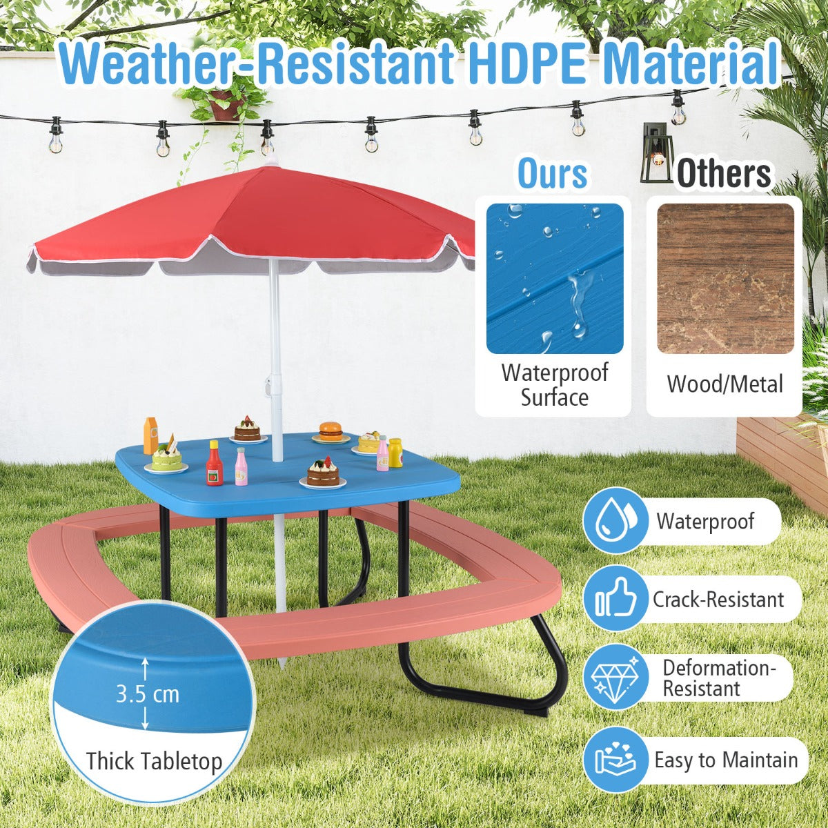 8 Person Kids Picnic Table with Adjustable  and Collapsible Umbrella-Blue