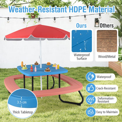 8 Person Kids Picnic Table with Adjustable  and Collapsible Umbrella-Blue