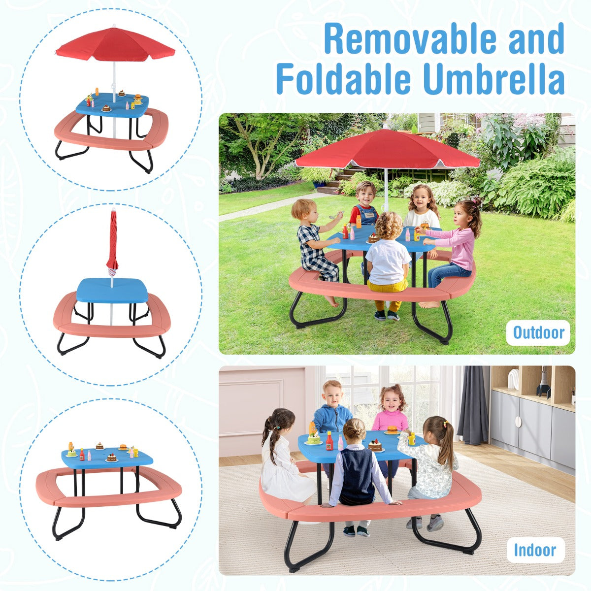 8 Person Kids Picnic Table with Adjustable  and Collapsible Umbrella-Blue