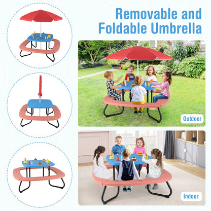 8 Person Kids Picnic Table with Adjustable  and Collapsible Umbrella-Blue