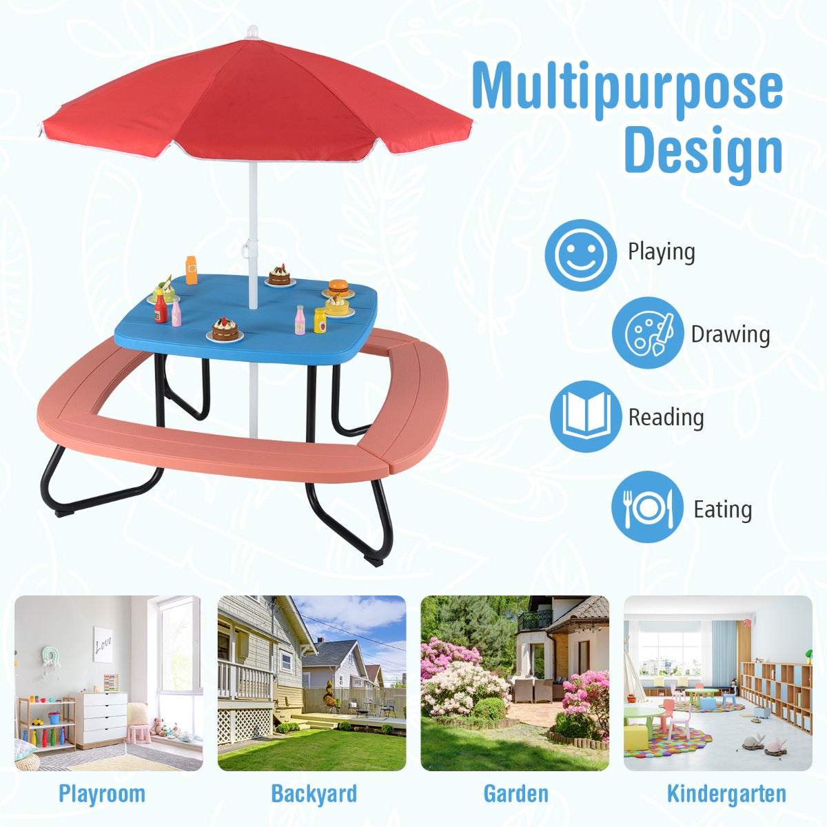 8 Person Kids Picnic Table with Adjustable  and Collapsible Umbrella-Blue