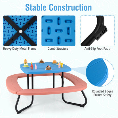8 Person Kids Picnic Table with Adjustable  and Collapsible Umbrella-Blue