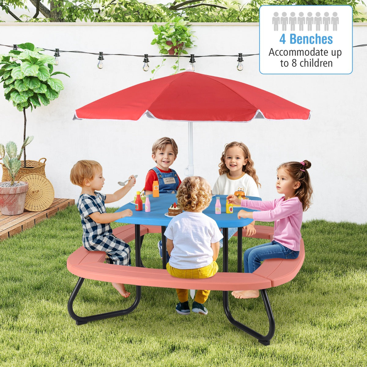 8 Person Kids Picnic Table with Adjustable  and Collapsible Umbrella-Blue