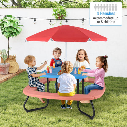 8 Person Kids Picnic Table with Adjustable  and Collapsible Umbrella-Blue