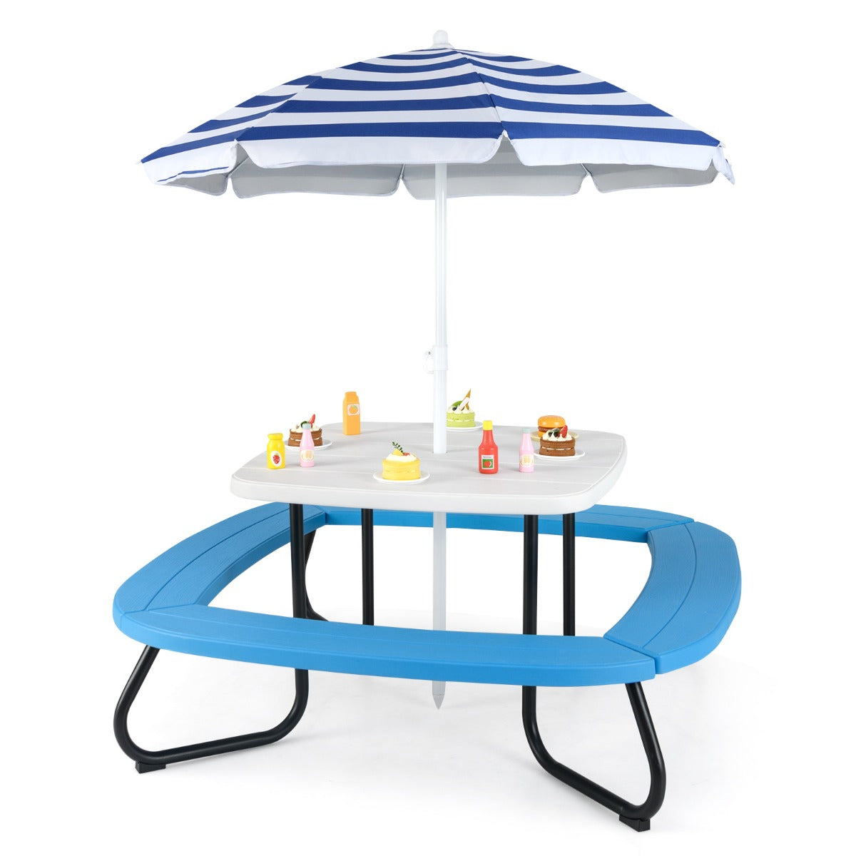 8 Person Kids Picnic Table with Adjustable and Collapsible Umbrella-White