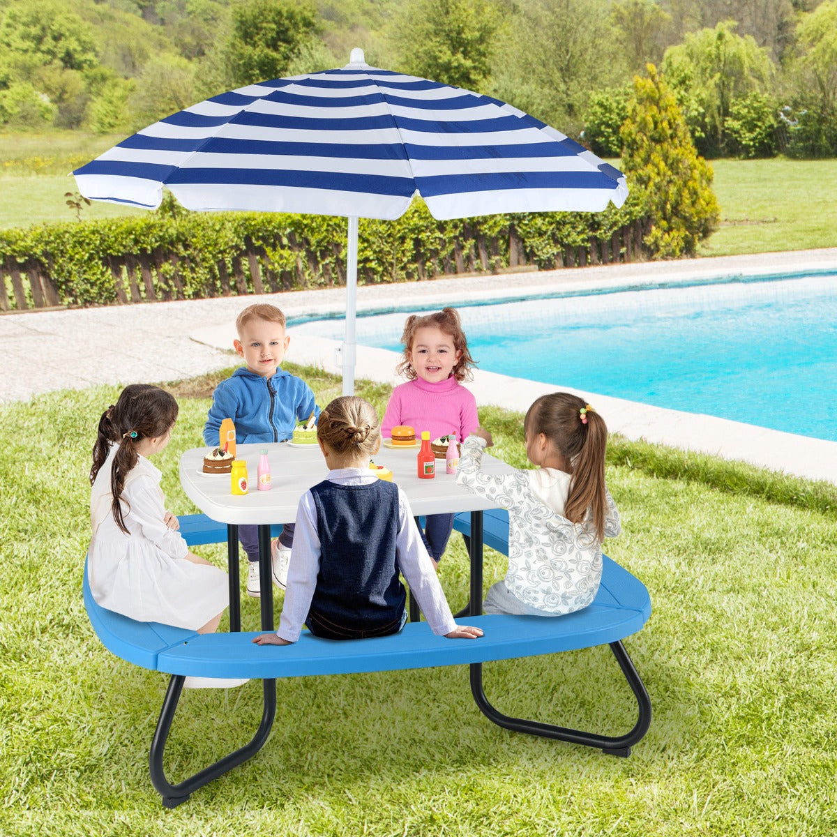 8 Person Kids Picnic Table with Adjustable and Collapsible Umbrella-White