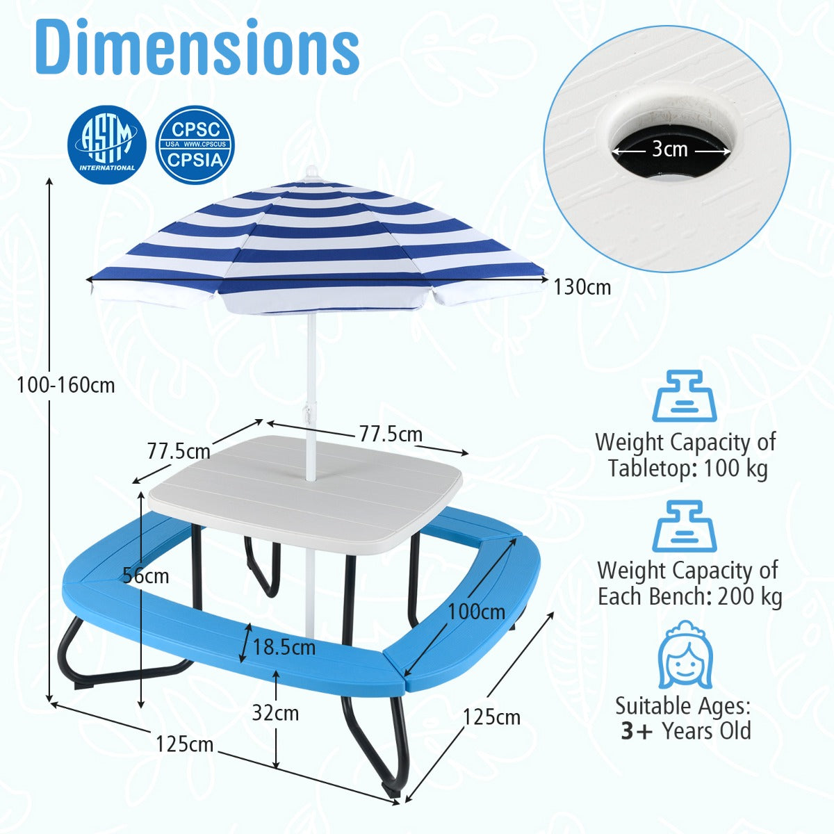 8 Person Kids Picnic Table with Adjustable and Collapsible Umbrella-White