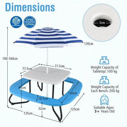 8 Person Kids Picnic Table with Adjustable and Collapsible Umbrella-White