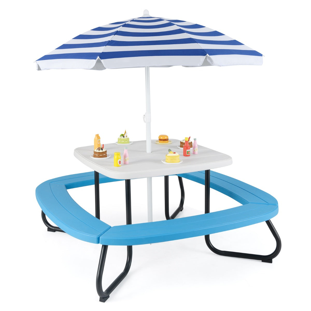 8 Person Kids Picnic Table with Adjustable and Collapsible Umbrella-White