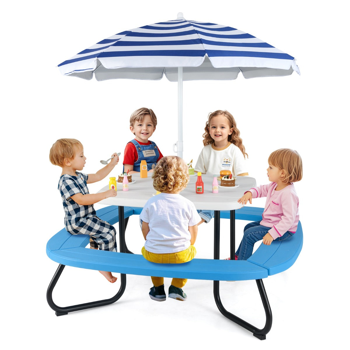 8 Person Kids Picnic Table with Adjustable and Collapsible Umbrella-White