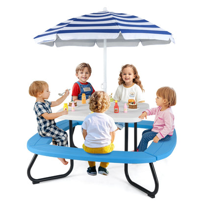 8 Person Kids Picnic Table with Adjustable and Collapsible Umbrella-White