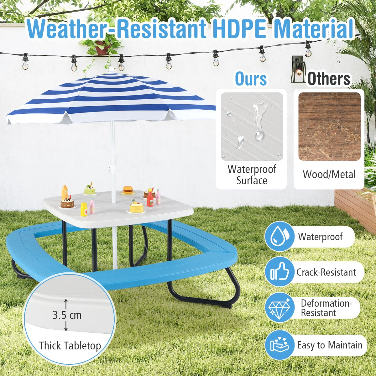 8 Person Kids Picnic Table with Adjustable and Collapsible Umbrella-White