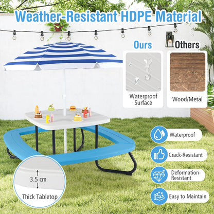 8 Person Kids Picnic Table with Adjustable and Collapsible Umbrella-White