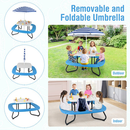 8 Person Kids Picnic Table with Adjustable and Collapsible Umbrella-White