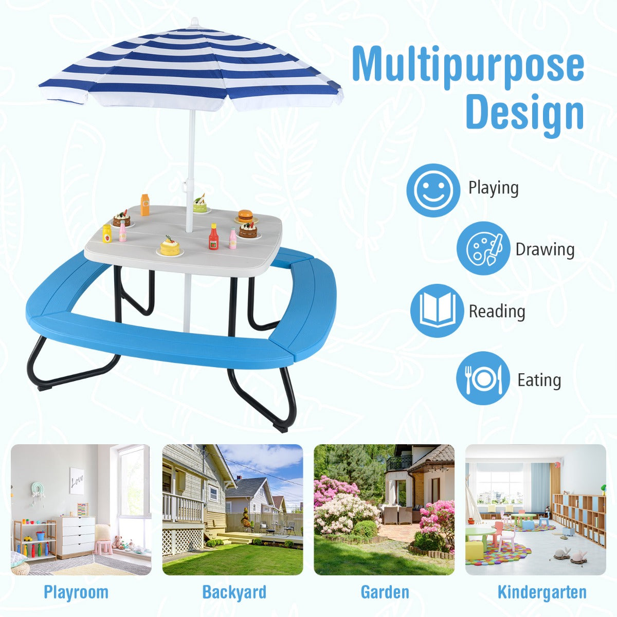 8 Person Kids Picnic Table with Adjustable and Collapsible Umbrella-White
