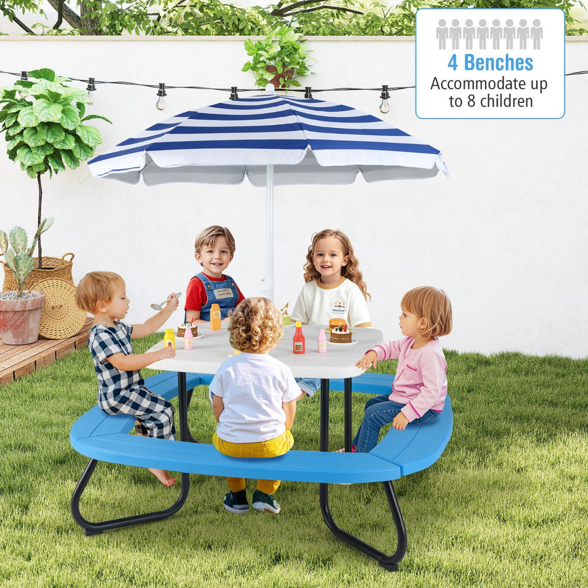 8 Person Kids Picnic Table with Adjustable and Collapsible Umbrella-White