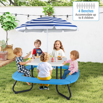 8 Person Kids Picnic Table with Adjustable and Collapsible Umbrella-White
