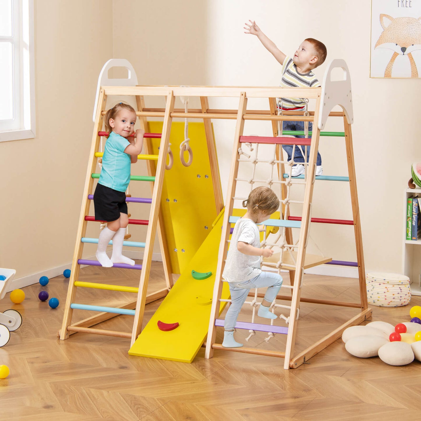 8-in-1 Wooden Jungle Gym Playset with Monkey Bars &amp; Climbing Ladder-Multicolour