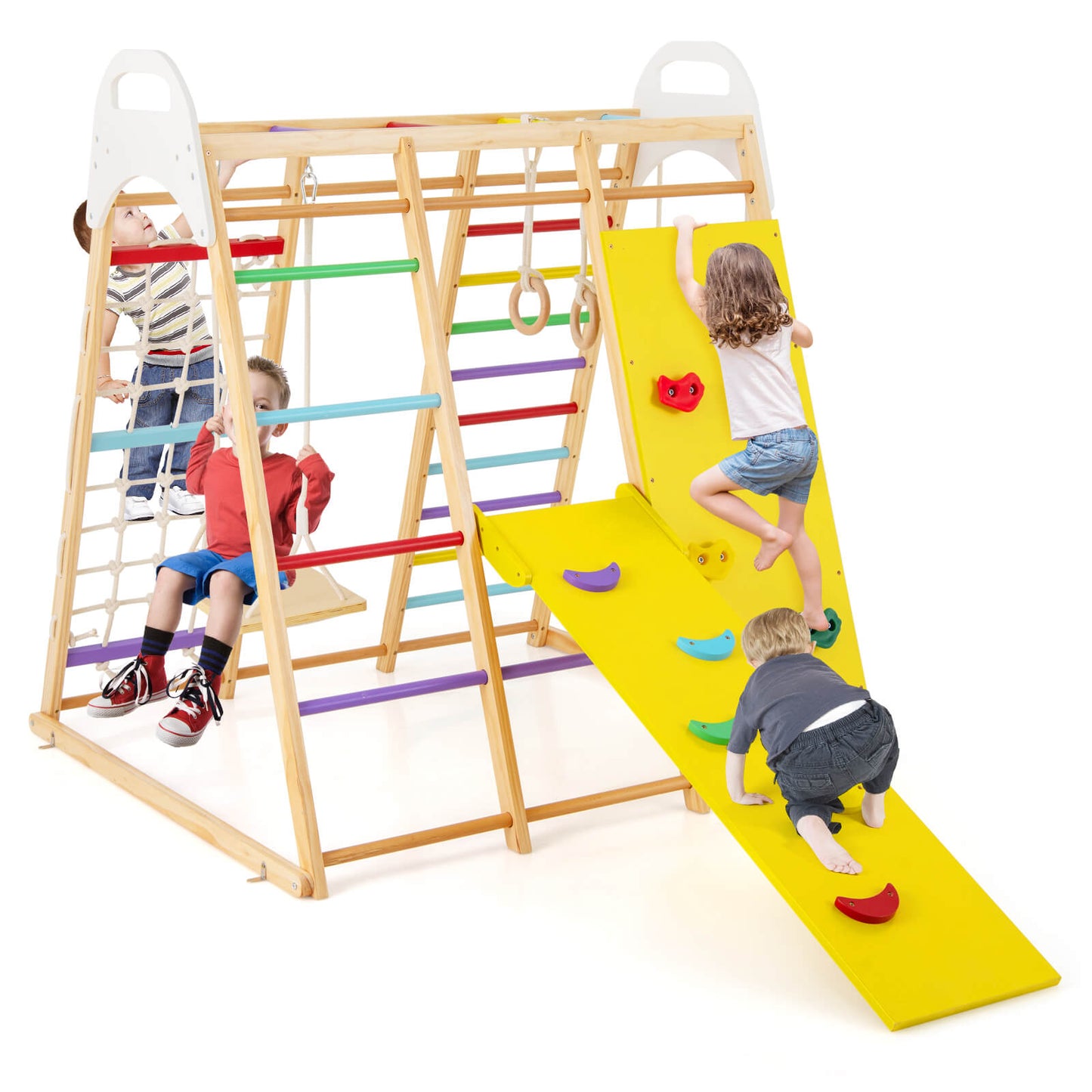 8-in-1 Wooden Jungle Gym Playset with Monkey Bars &amp; Climbing Ladder-Multicolour