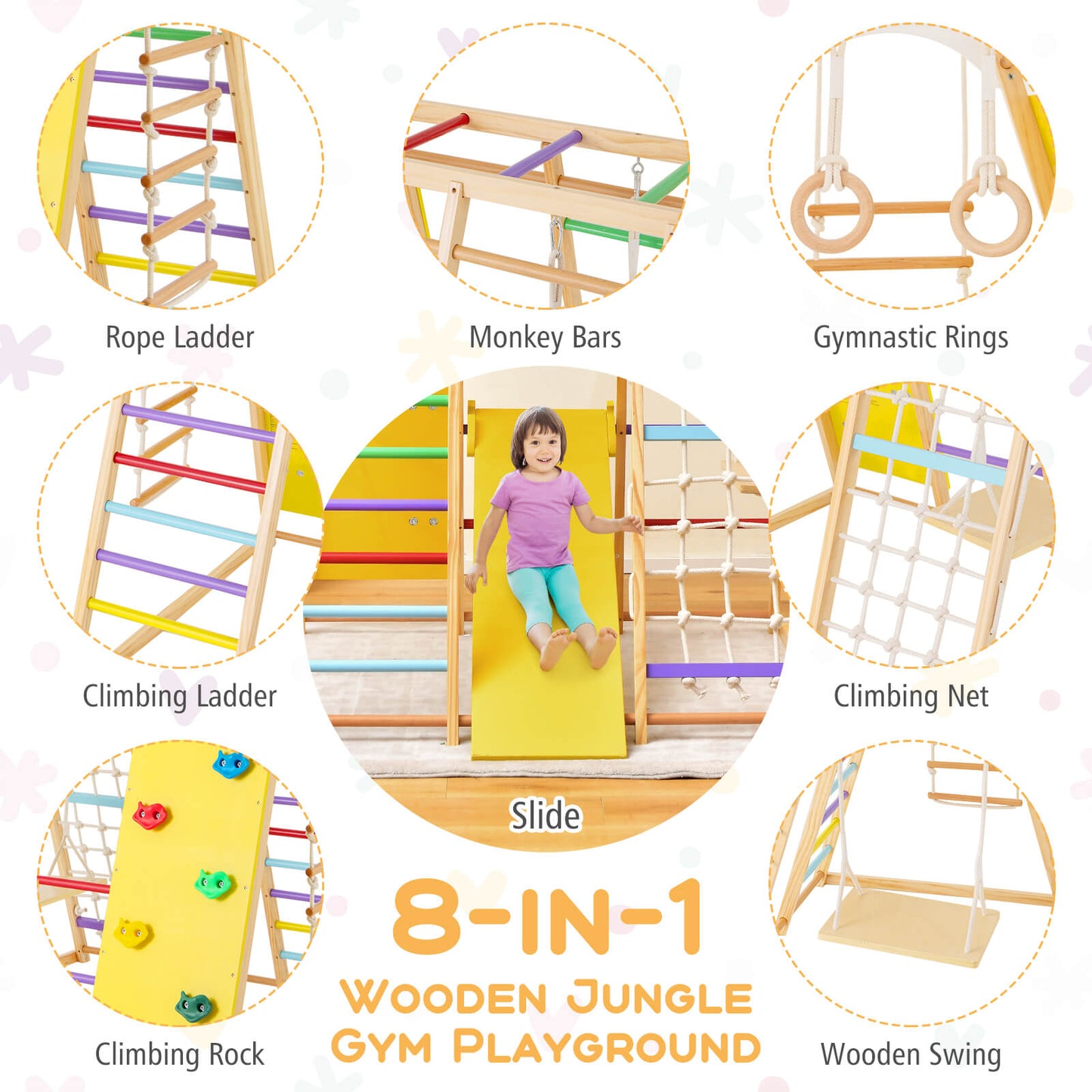 8-in-1 Wooden Jungle Gym Playset with Monkey Bars &amp; Climbing Ladder-Multicolour