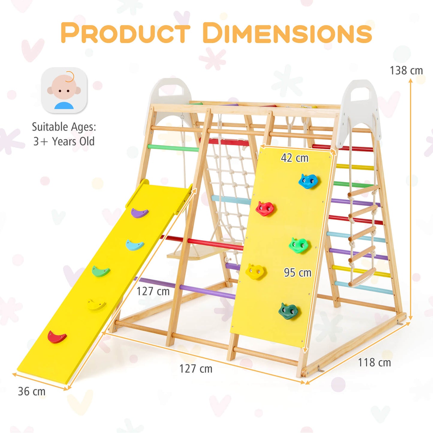 8-in-1 Wooden Jungle Gym Playset with Monkey Bars &amp; Climbing Ladder-Multicolour