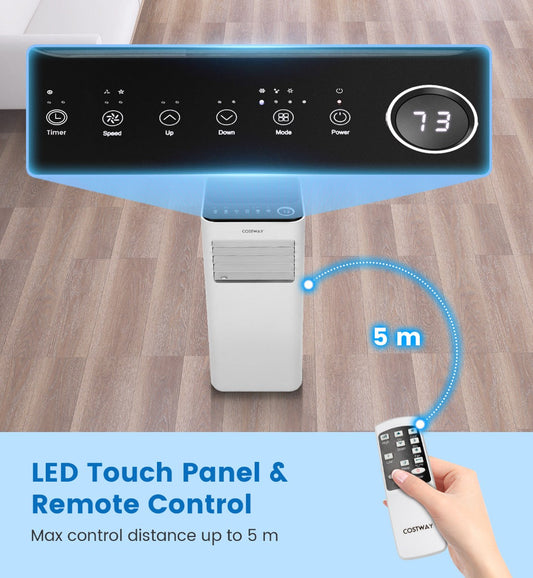 9000 BTU portable air conditioner cools rooms from 20 to 25 square meters with efficient airflow