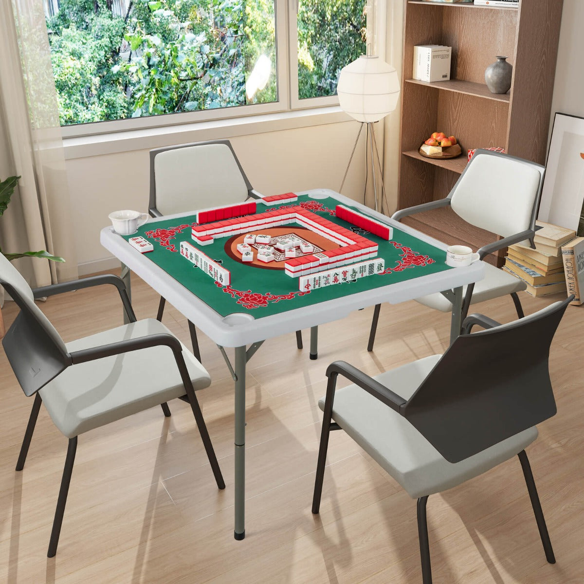 90cm Folding Mahjong Table Portable with Felt Mat and Cup Holders-Red