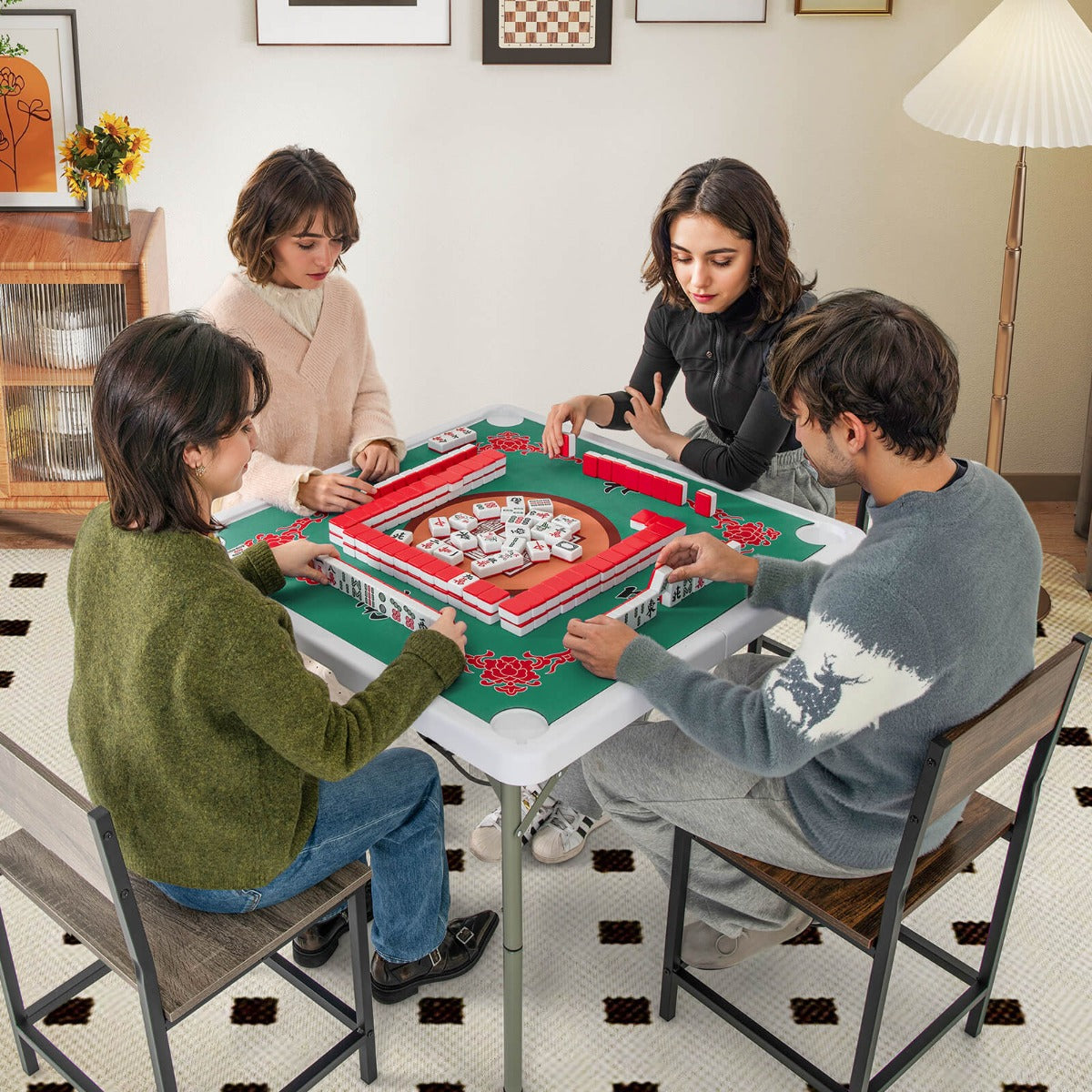 90cm Folding Mahjong Table Portable with Felt Mat and Cup Holders-Red