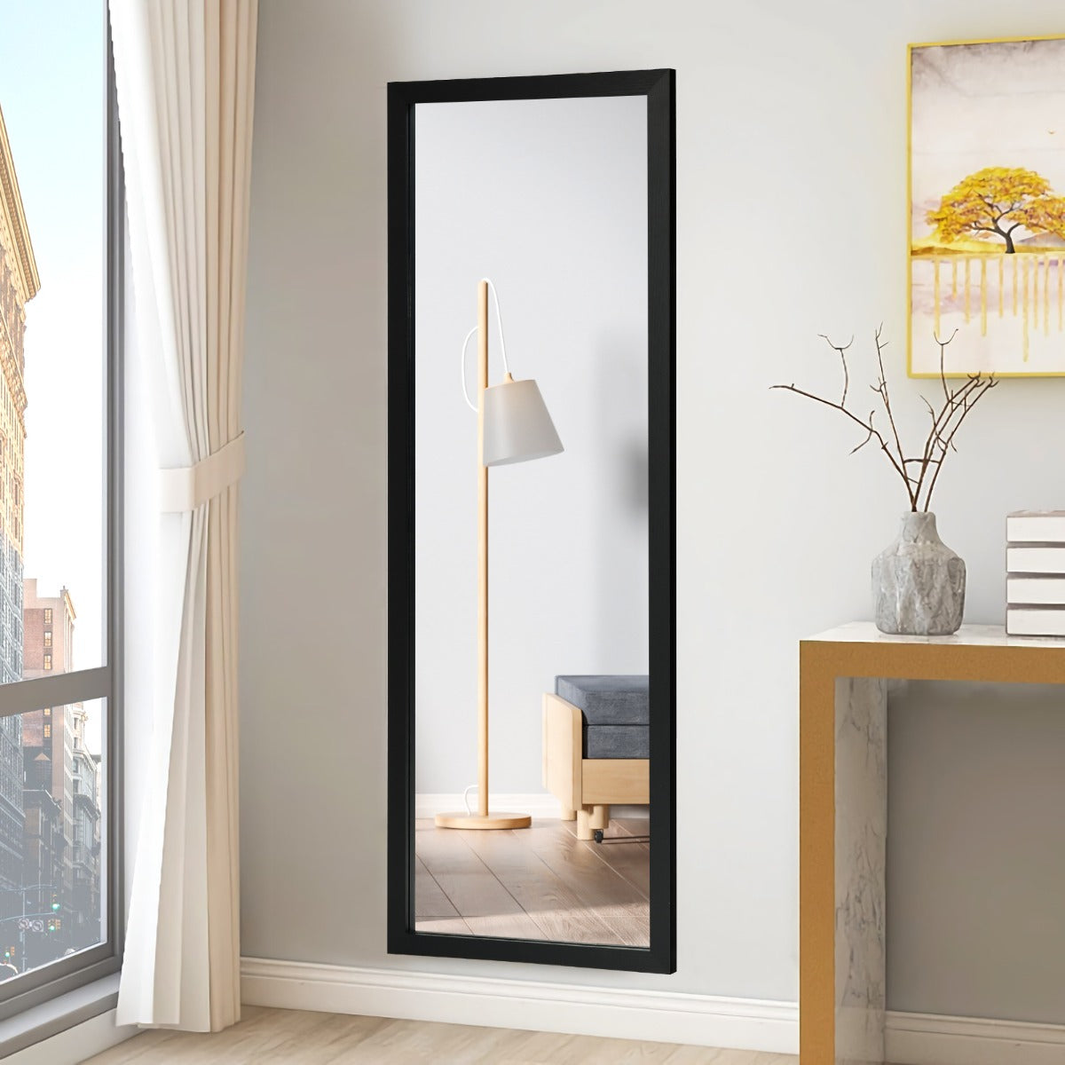 Wall Mounted Dressing Mirror with Hanging Hooks for Bedroom Black