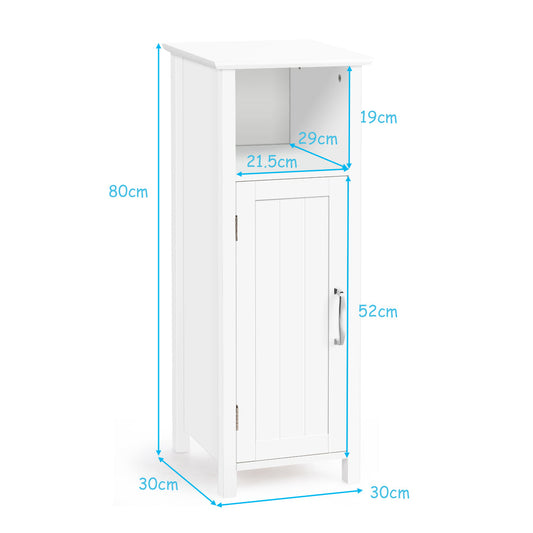 White MDF storage cabinet with an open top compartment and adjustable shelf behind a single door