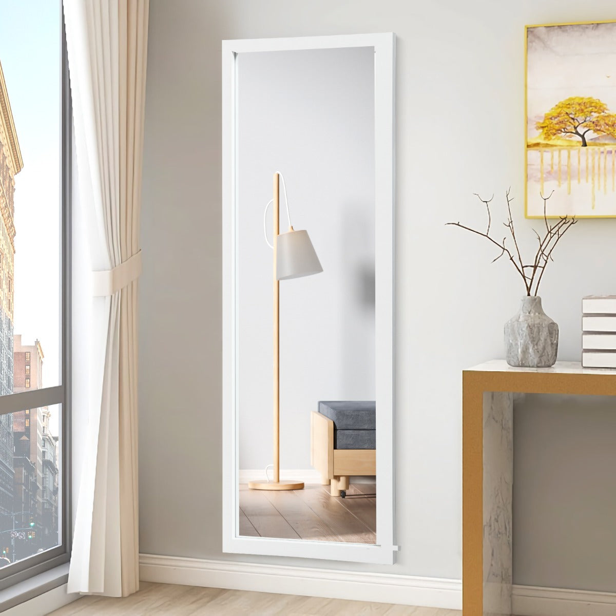 Costway Wall Mounted Dressing Mirror with Hanging Hooks for Bedroom White