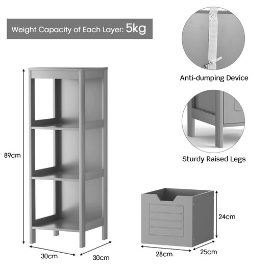 Modern white floor cabinet with three storage layers, two movable drawers, and sturdy MDF construction