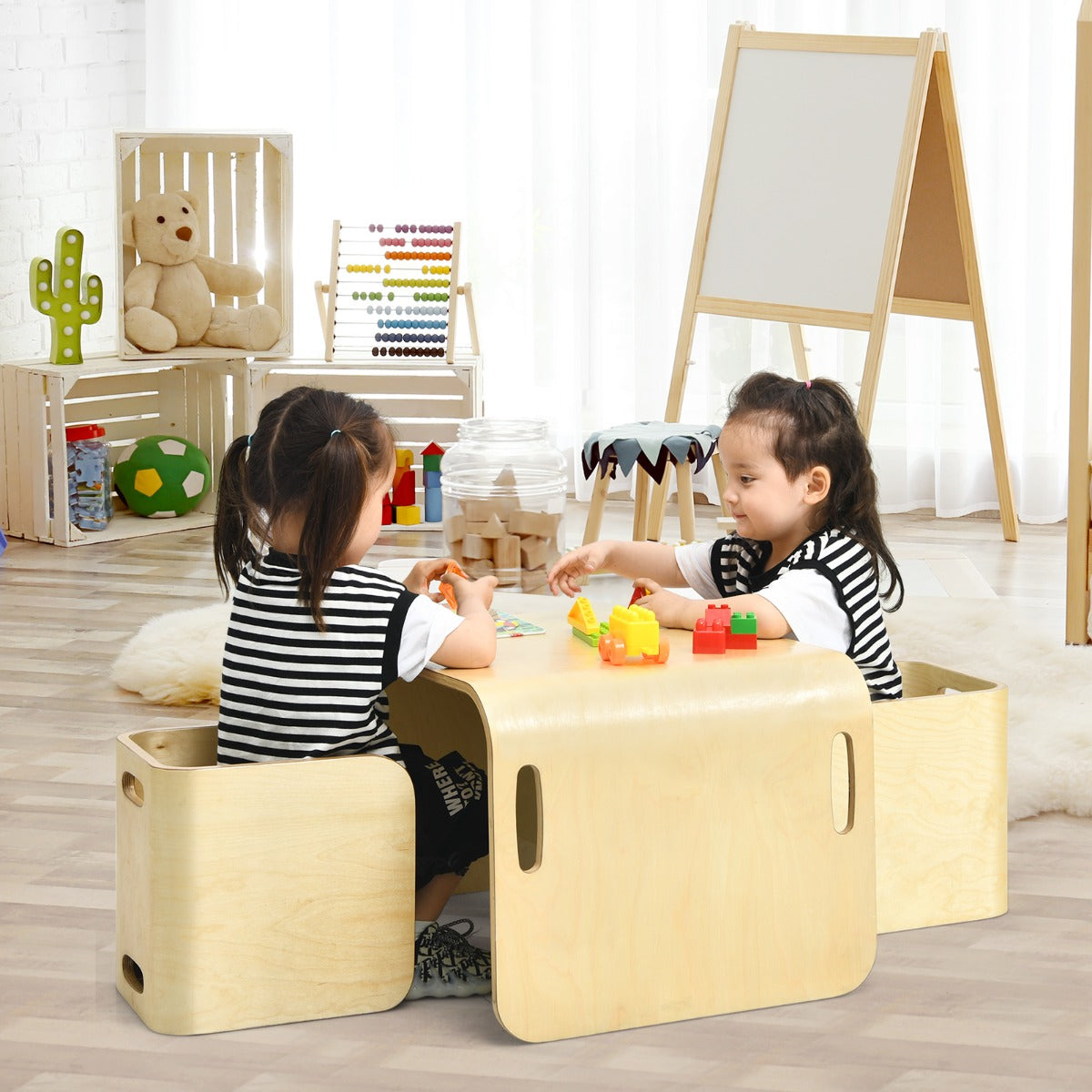 Kids Table and Chair Set with Storage Shelves-Natural