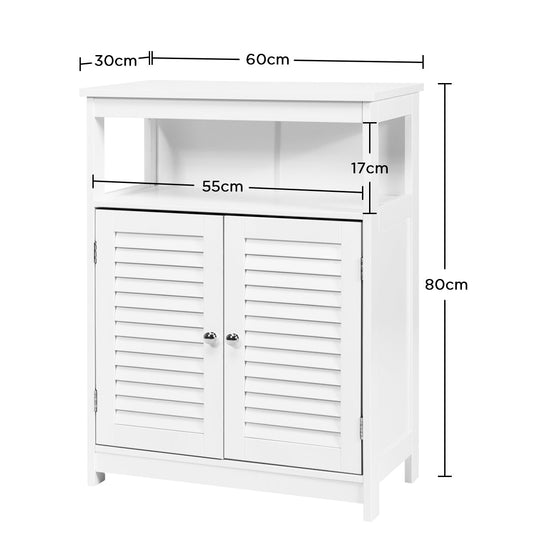 Modern bathroom cabinet with double louvered doors, adjustable shelves, and open display storage
