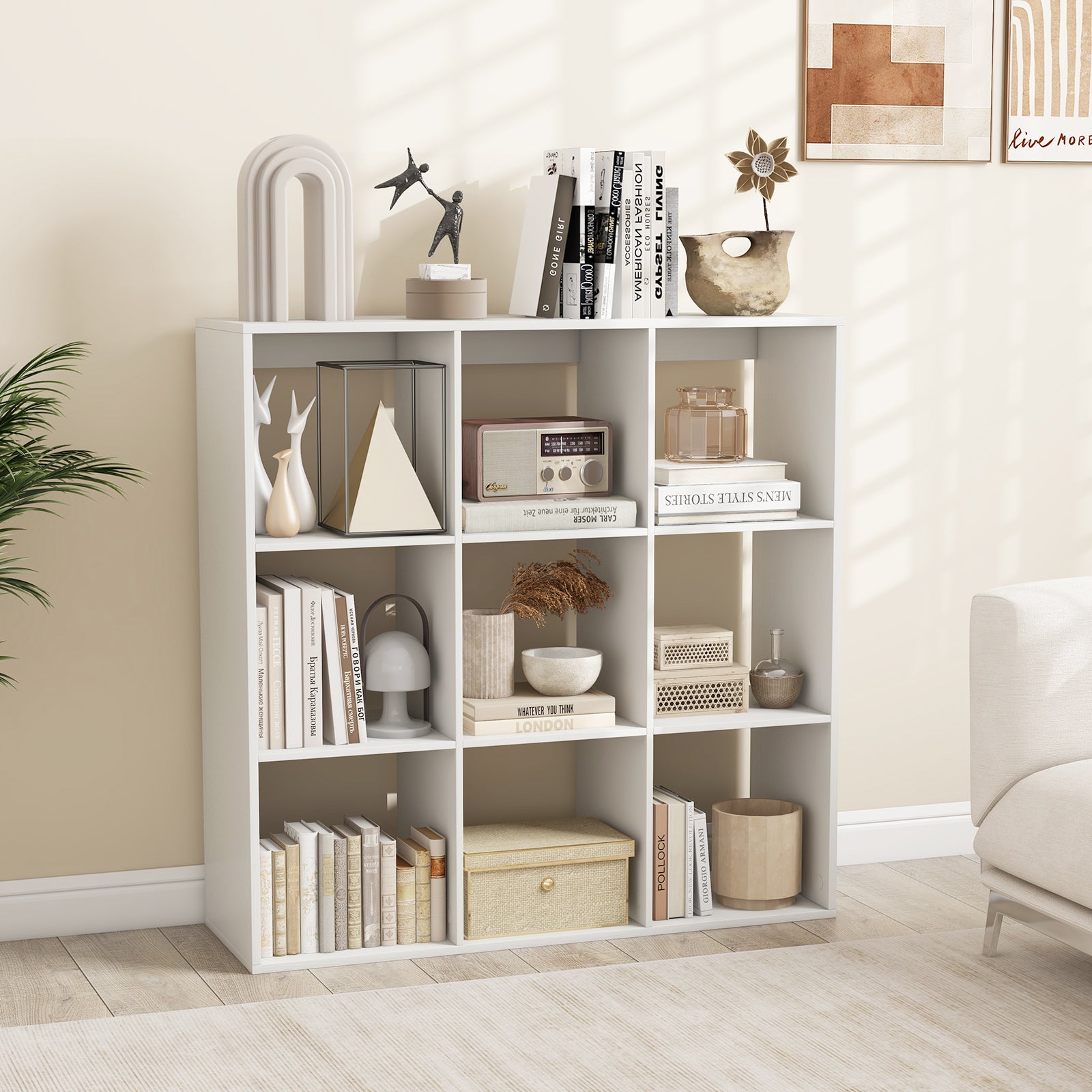 9-Cube Bookshelf Modern Cubby Bookcase with Back Guardrail and Anti-tipping Kits-White
