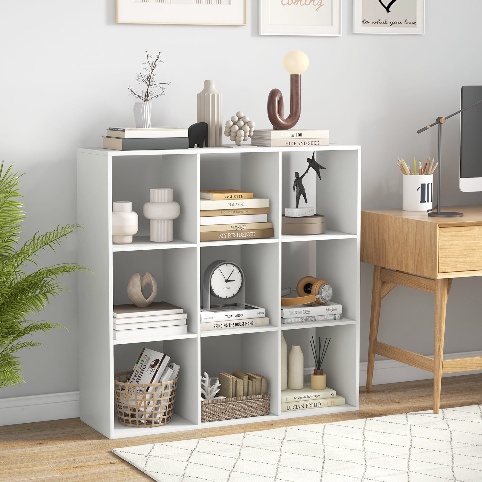 9-Cube Bookshelf Modern Cubby Bookcase with Back Guardrail and Anti-tipping Kits-White
