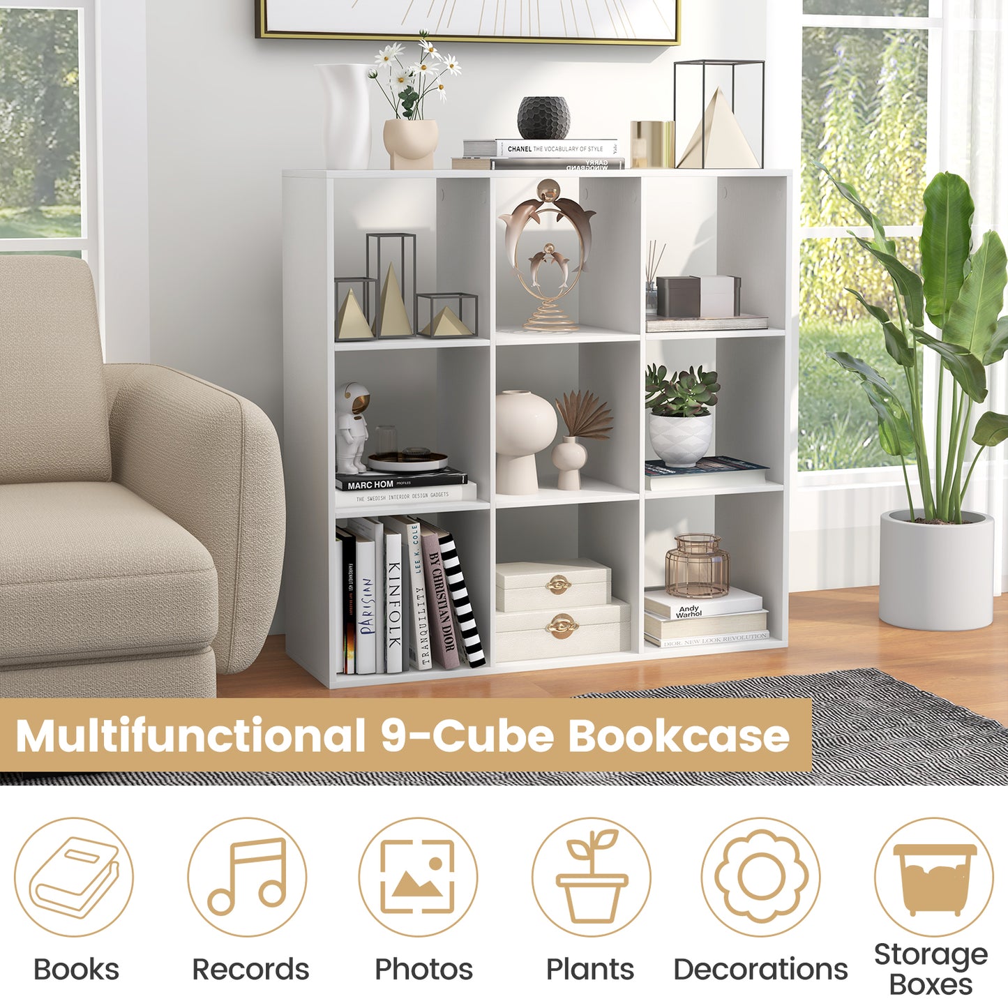 9-Cube Bookshelf Modern Cubby Bookcase with Back Guardrail and Anti-tipping Kits-White