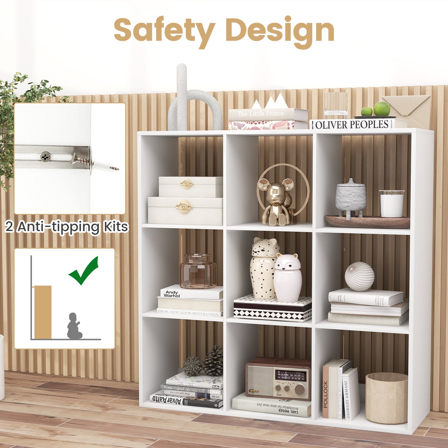 9-Cube Bookshelf Modern Cubby Bookcase with Back Guardrail and Anti-tipping Kits-White